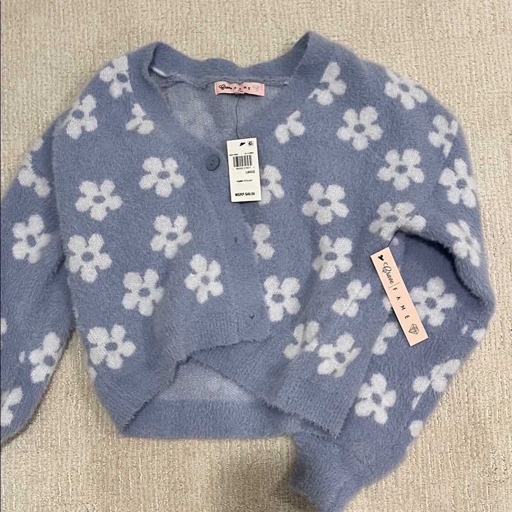 Crave Fame Blue and White Floral Sweater